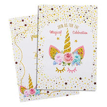 Magical Glitter Unicorn Card 24 Pieces Kit with Envelopes,Rainbow Unicorn Happy Birthday Party Invitation Card